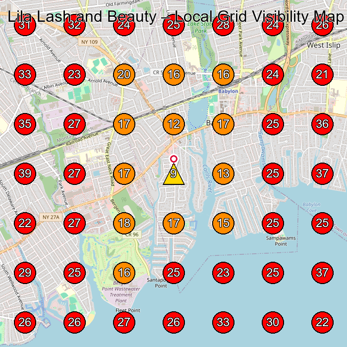 Lila Lash and Beauty GeoGrid visibility map for Toy Store in Babylon